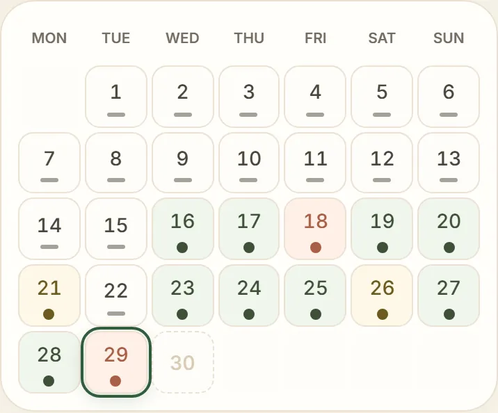 Month calendar with a status for each day