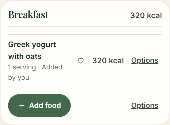 A logged meal with calories and macros