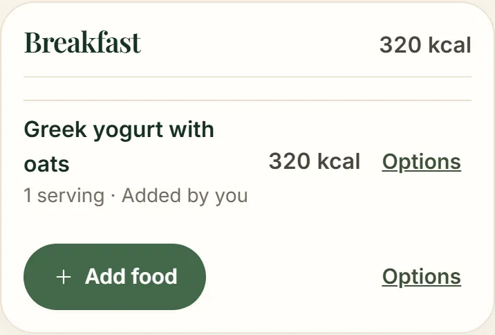 A logged meal with calories and macros