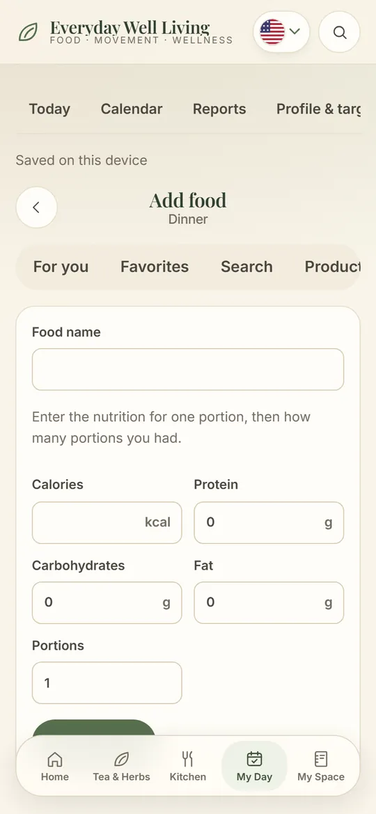 Add Food: manual entry with calories and macros
