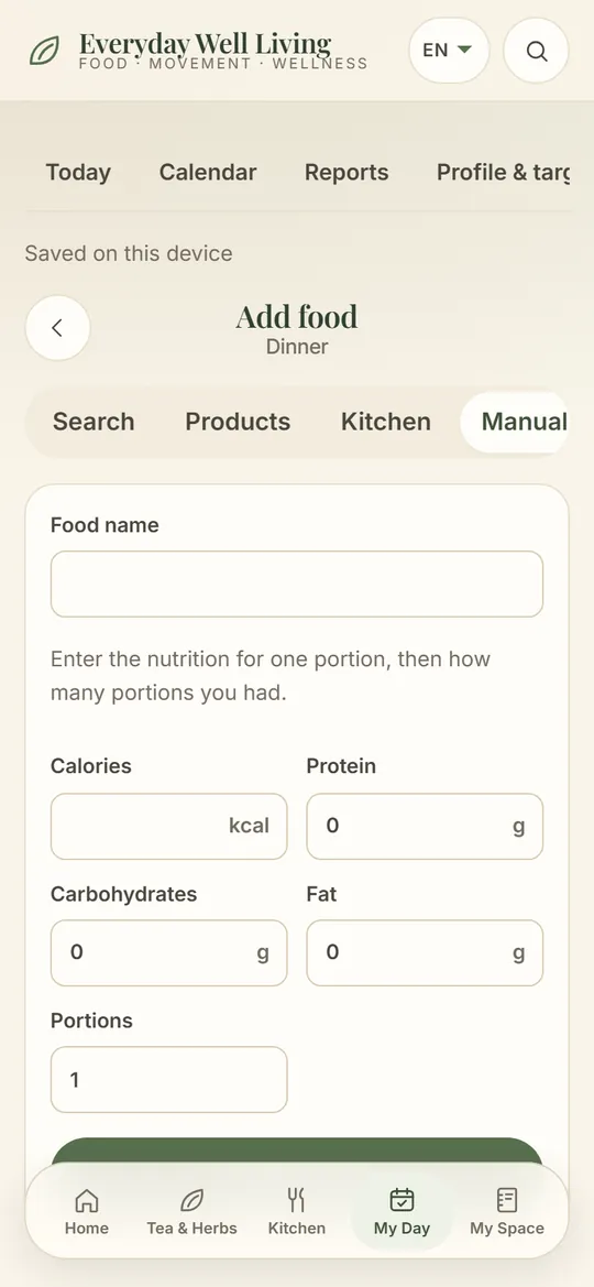 Add Food: manual entry with calories and macros