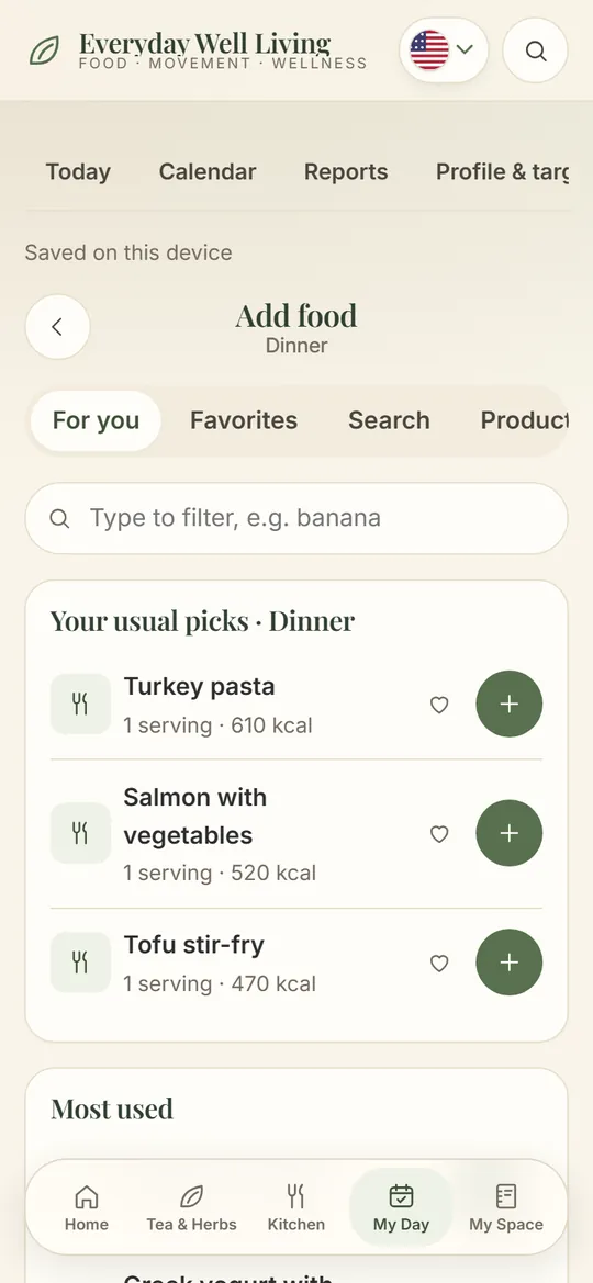 Add Food: For you with your usual foods and one-tap add