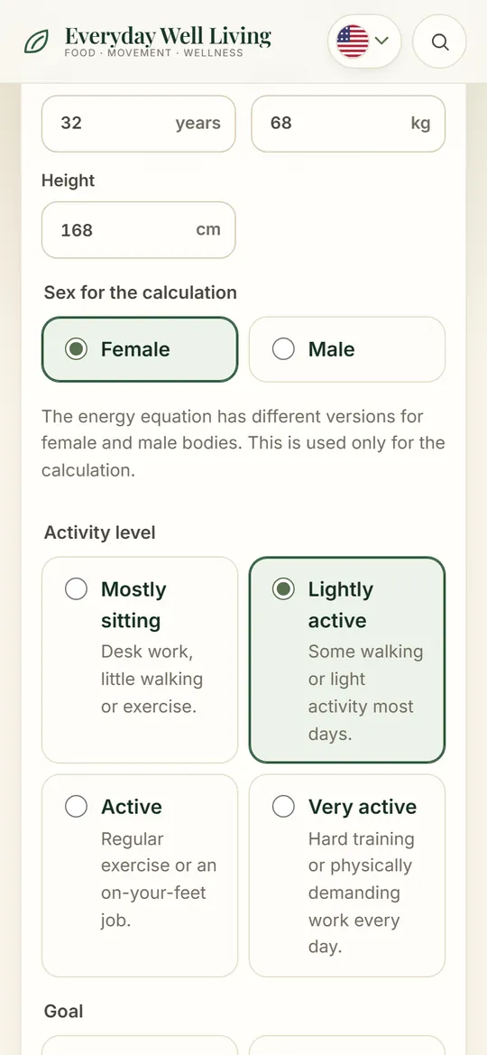 Profile form with age, weight, height, activity and goal