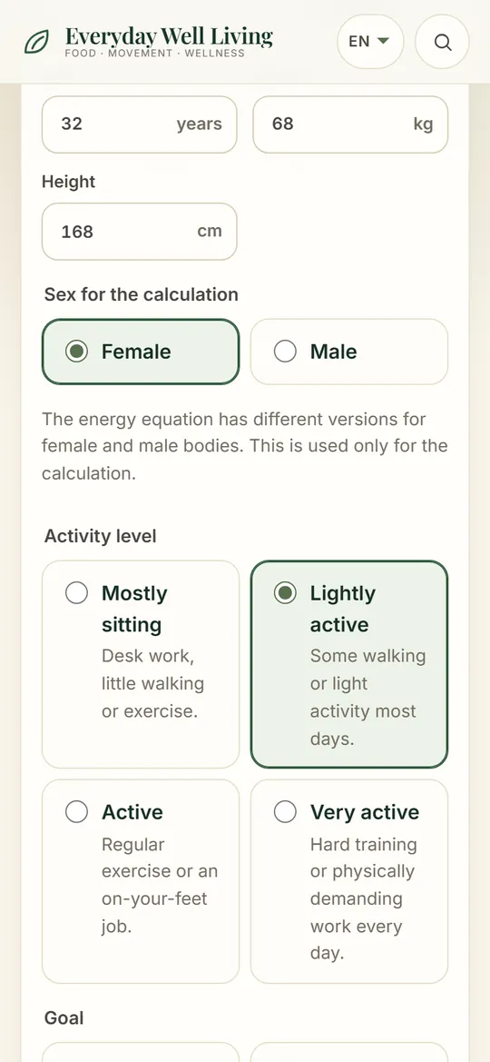 Profile form with age, weight, height, activity and goal