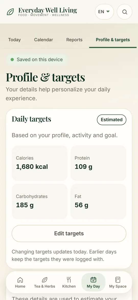 Profile & Targets screen