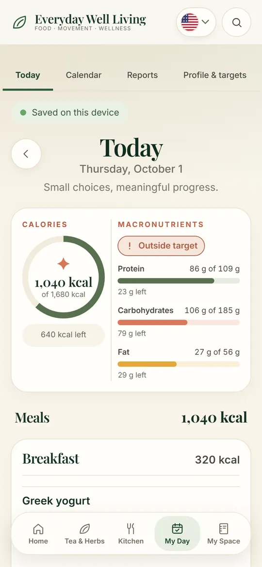 Today screen in My Day: calorie ring, macros and the day's meals