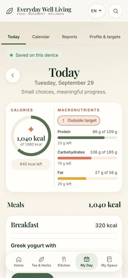 Today screen in My Day: calorie ring, macros and the day's meals